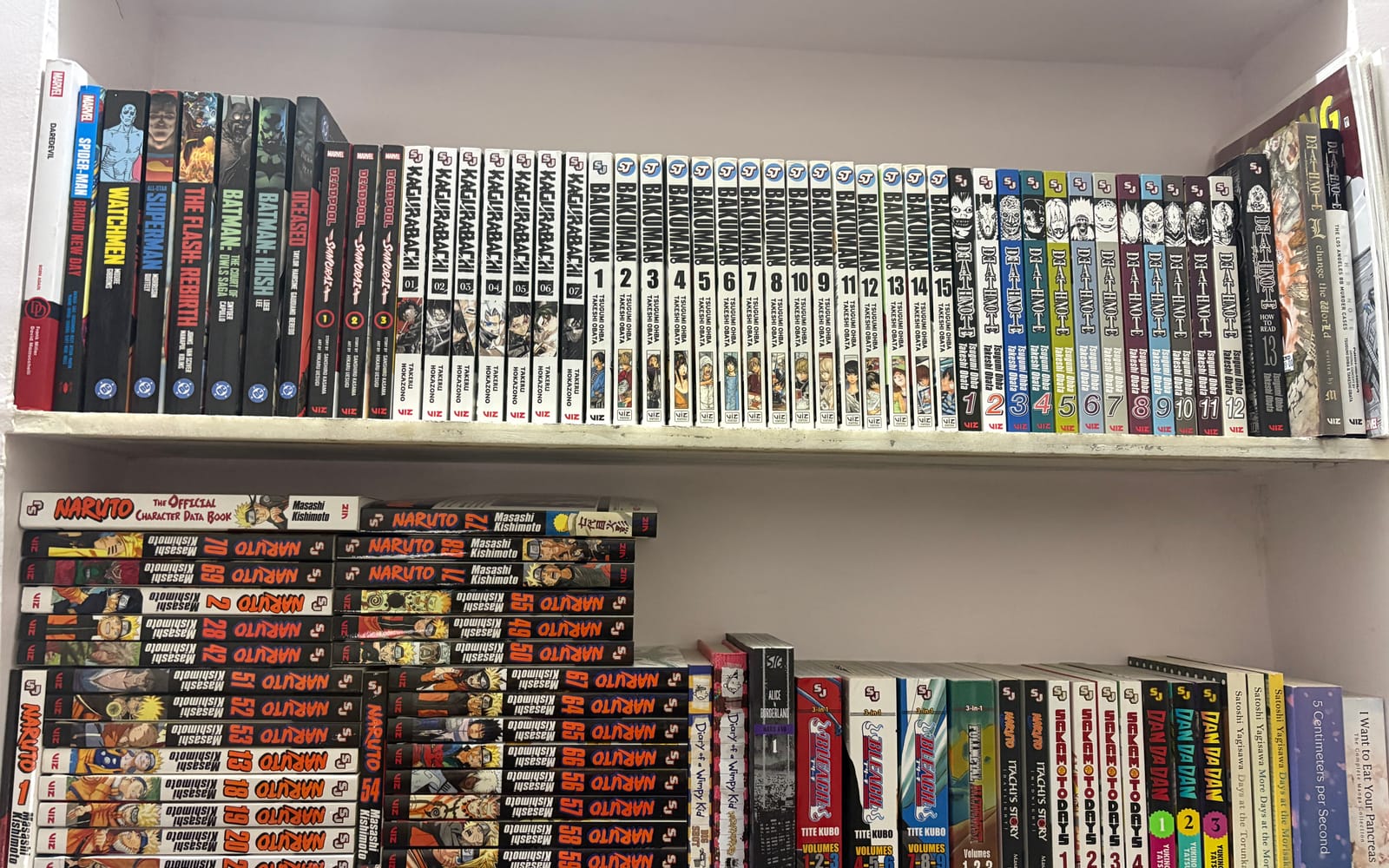 Shubham's updated manga and book collection arranged across two shelves